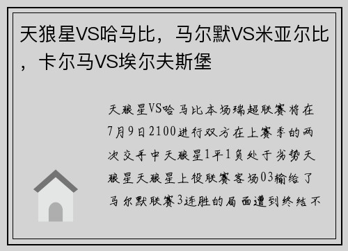 天狼星VS哈马比，马尔默VS米亚尔比，卡尔马VS埃尔夫斯堡