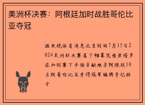 美洲杯决赛：阿根廷加时战胜哥伦比亚夺冠